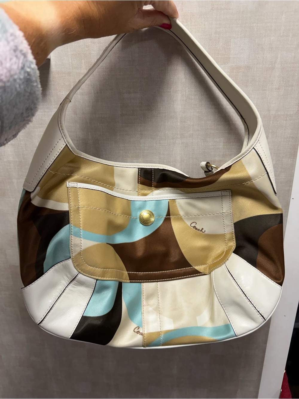 Coach Cream, Brown & Light Blue Signature Graphic Hobo Bag